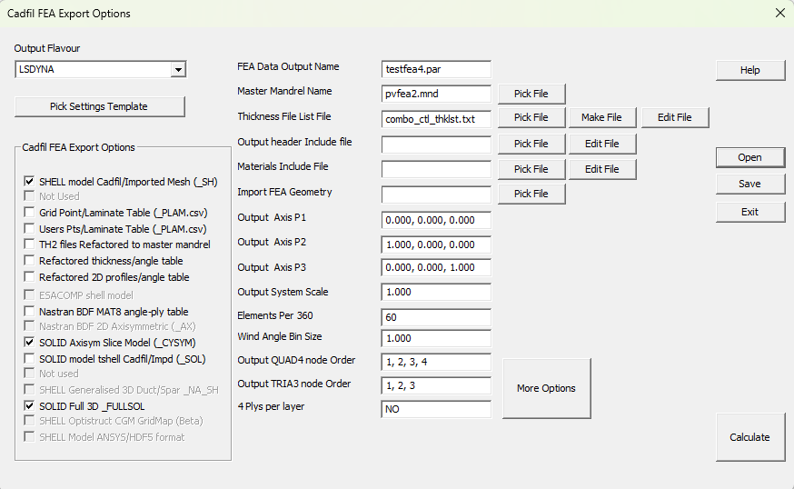 Cadfil FEA Interfaces Dialog