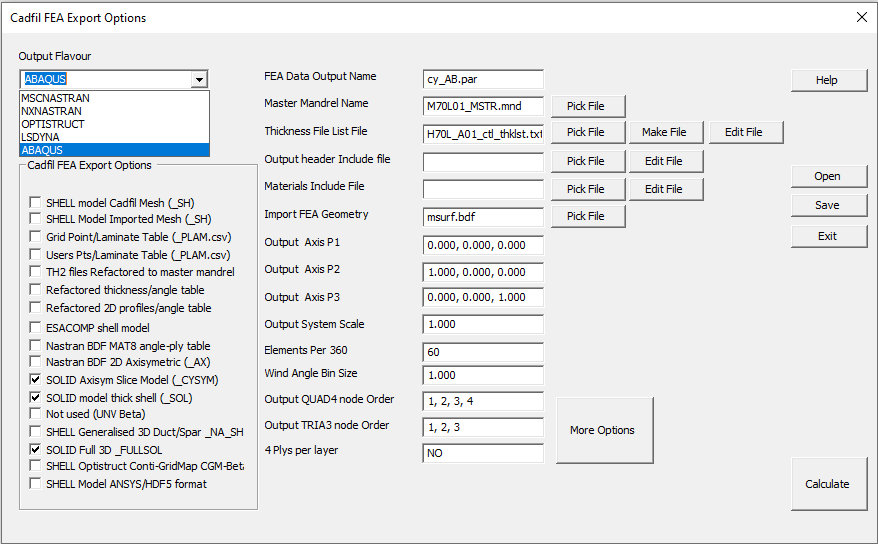 Cadfil FEA Interfaces Dialog