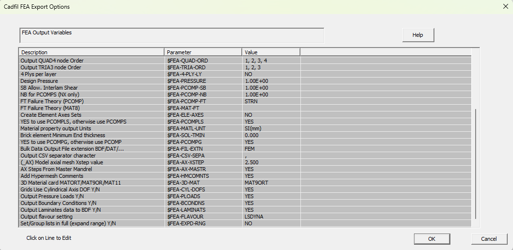 Cadfil FEA Interfaces Dialog Parameters