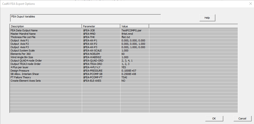 Cadfil FEA Interfaces Dialog
