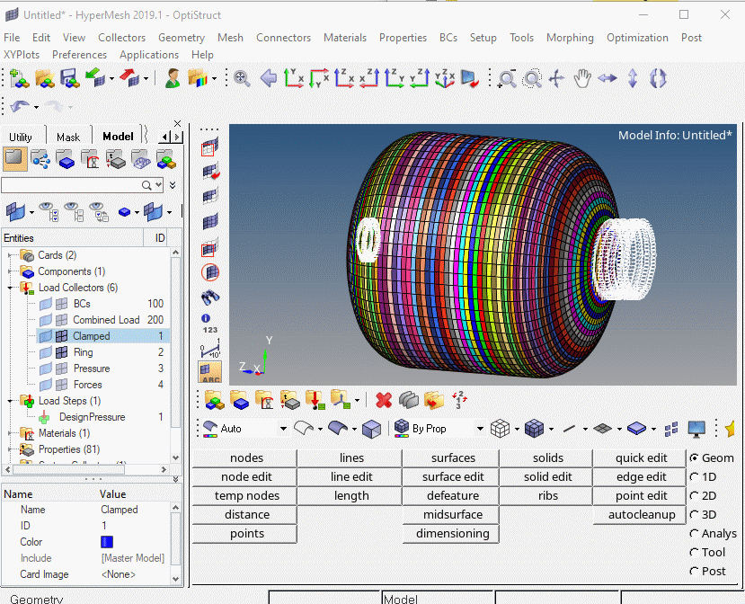 Hypermesh Showing imported Optistruct Deck with Laminates (PCOMPG) Zones, BCs and Pressure Load case