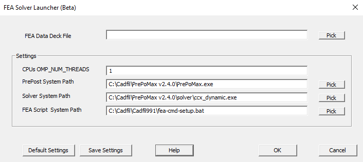 FEA solver launcher dialog