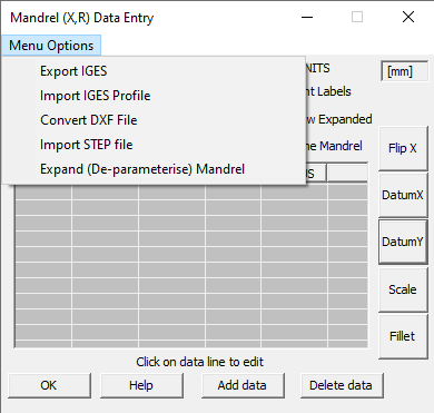 Cadfil Mandrel editor dialog Menu