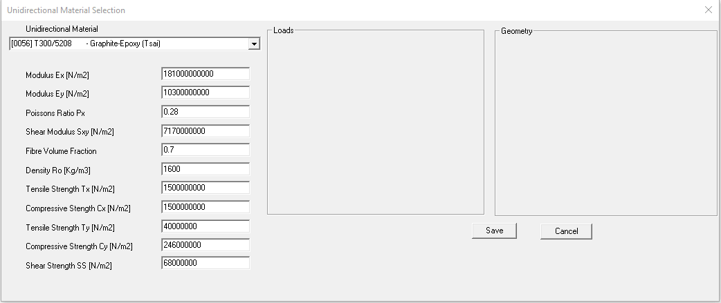 Cadfil FEA unidirectional material selection Dialog